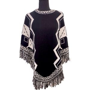 New ETC. LAZY DAISY Poncho Cape Drape Womens OS Black White Knit Sweater Unique